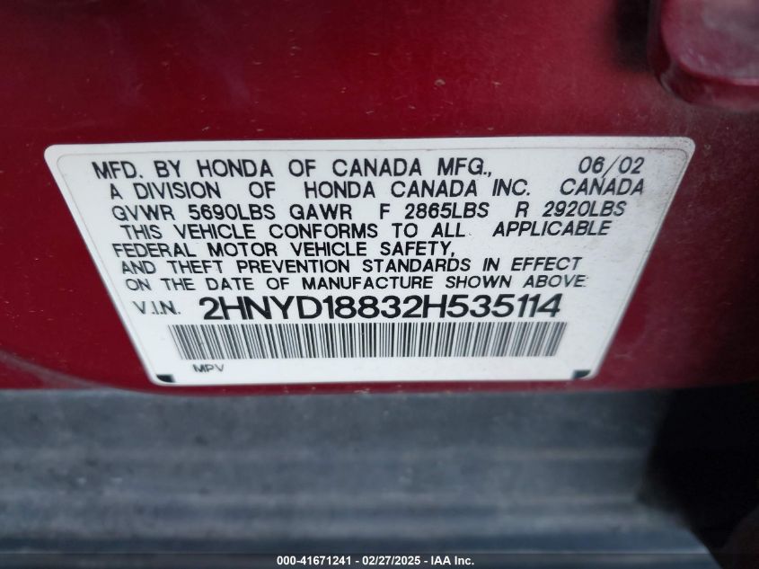 2002 Acura Mdx VIN: 2HNYD18832H535114 Lot: 41671241