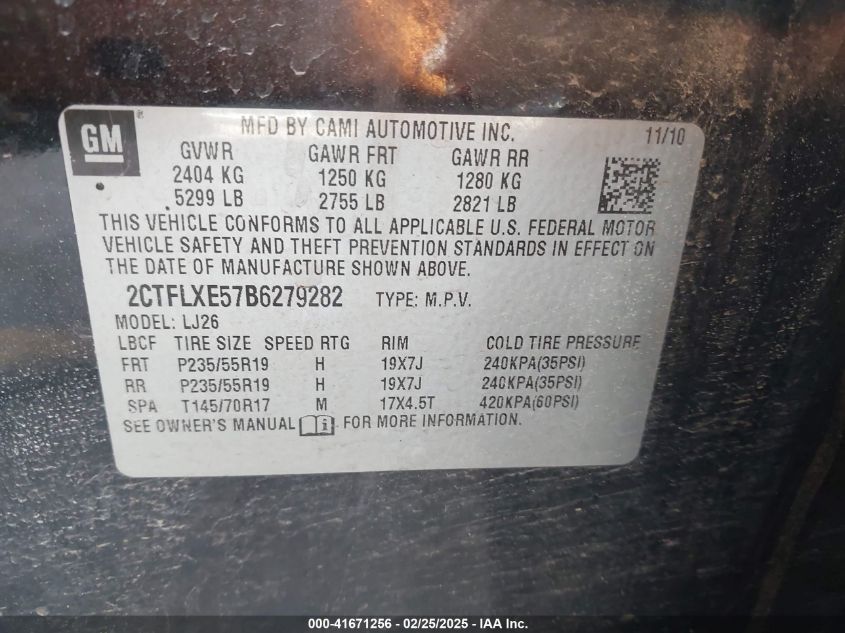 2011 GMC Terrain Slt-2 VIN: 2CTFLXE57B6279282 Lot: 41671256