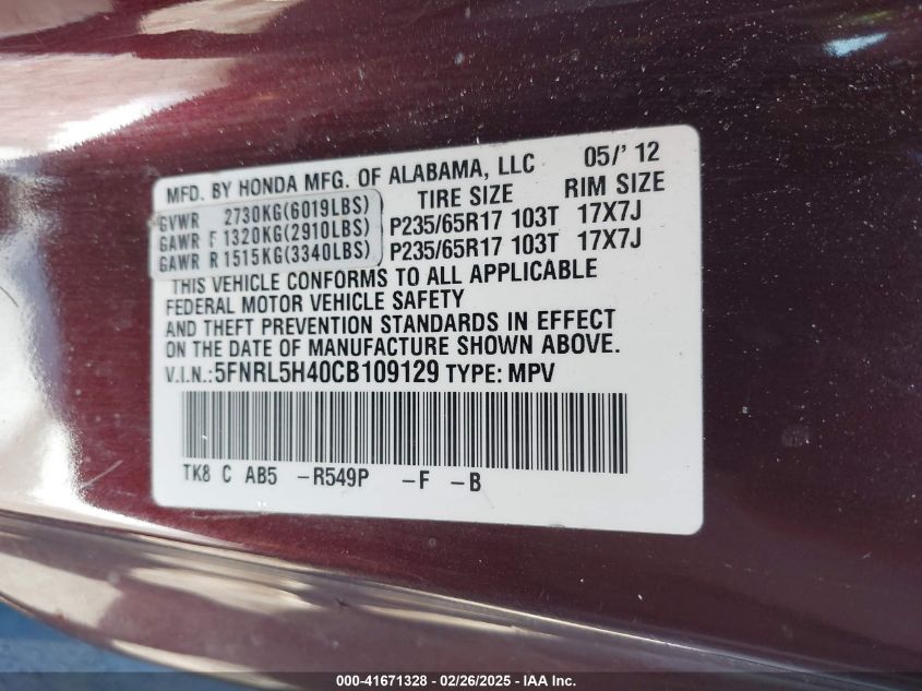 2012 Honda Odyssey Ex VIN: 5FNRL5H40CB109129 Lot: 43443591