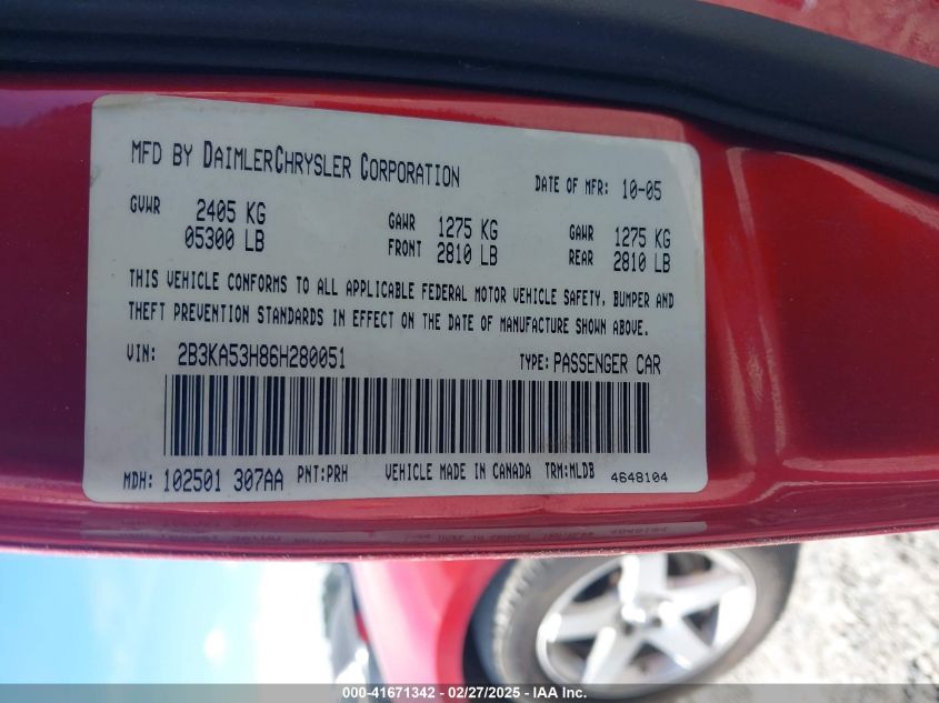 2006 Dodge Charger Rt VIN: 2B3KA53H86H280051 Lot: 41671342