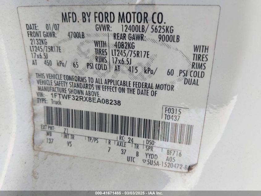 2008 Ford F-350 Xl/Xlt VIN: 1FTWF32RX8EA08238 Lot: 41671485