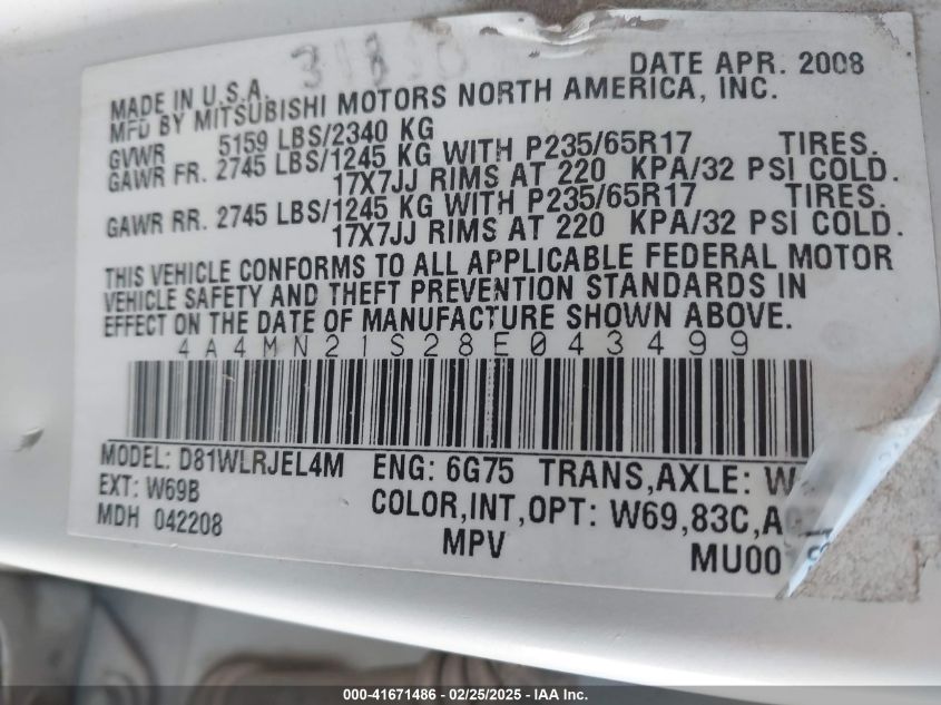 2008 Mitsubishi Endeavor Ls VIN: 4A4MN21S28E043499 Lot: 41671486