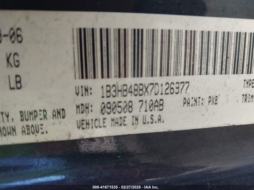 2007 DODGE CALIBER VIN: 1B3HB48BX7D126977