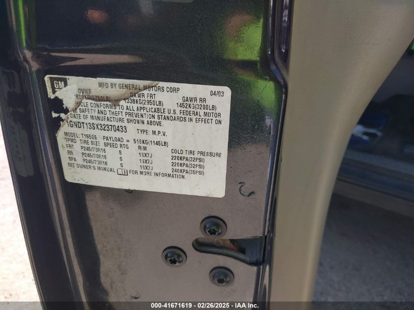 2003 Chevrolet Trailblazer Ls VIN: 1GNDT13SX32370433 Lot: 41671619