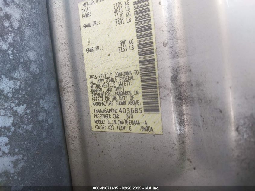 2017 Nissan Maxima 3.5 Sv VIN: 1N4AA6AP0HC403685 Lot: 41671635