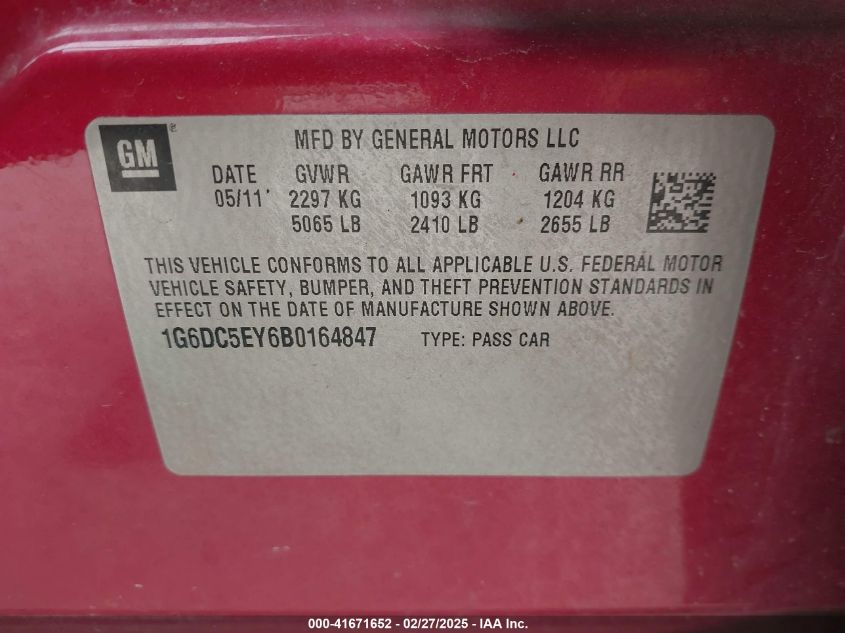 2011 Cadillac Cts Standard VIN: 1G6DC5EY6B0164847 Lot: 41671652