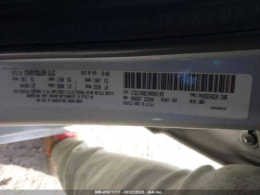 2009 Chrysler Sebring Lx VIN: 1C3LC46B19N502105 Lot: 41671717