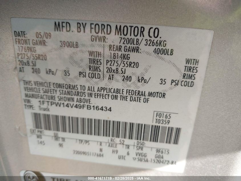 2009 Ford F-150 Fx4/King Ranch/Lariat/Platinum/Xl/Xlt VIN: 1FTPW14V49FB16434 Lot: 41671719