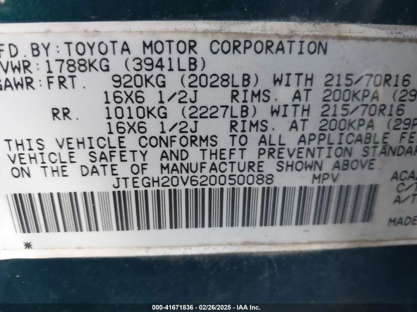 2002 Toyota Rav4 VIN: JTEGH20V620050088 Lot: 41671836