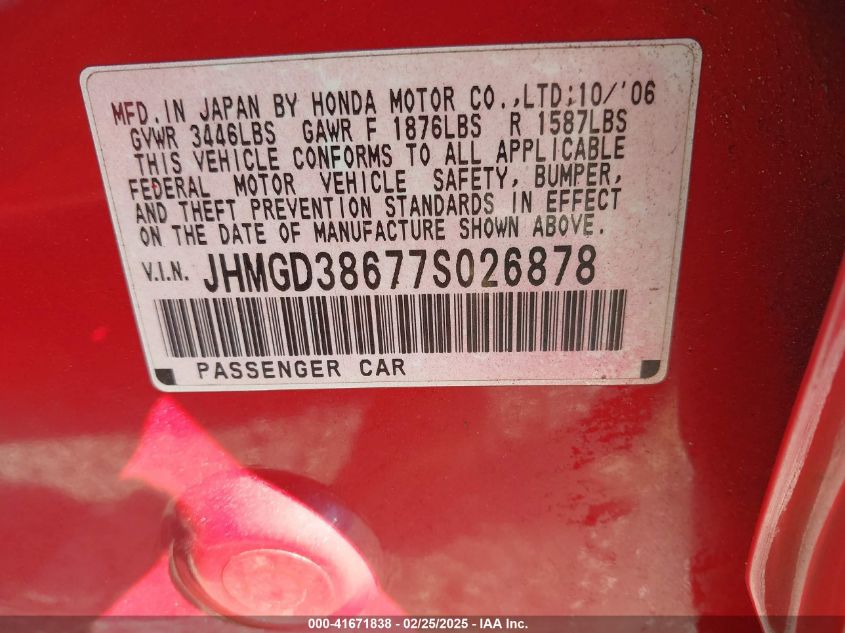 2007 Honda Fit Sport VIN: JHMGD38677S026878 Lot: 41671838