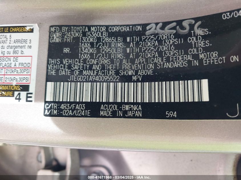 2004 Toyota Highlander VIN: JTEGD21A940095522 Lot: 41671968