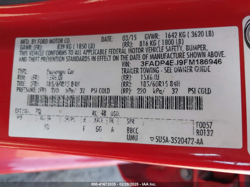 2015 FORD FIESTA VIN: 3FADP4EJ9FM186946