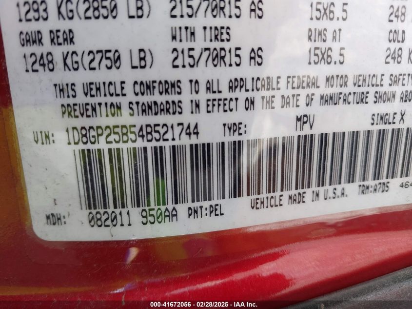 2004 Dodge Caravan Se VIN: 1D8GP25B54B521744 Lot: 41672056