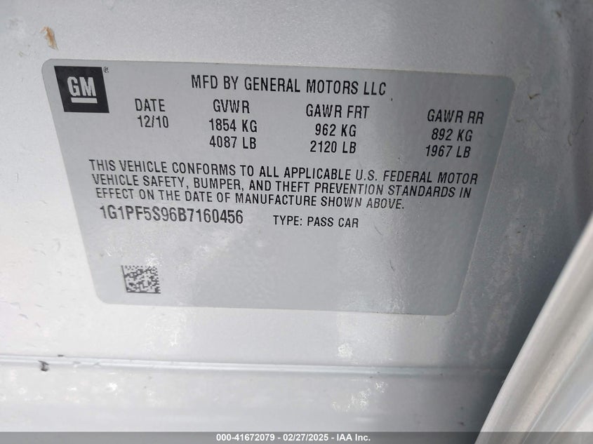 2011 CHEVROLET CRUZE VIN: 1G1PF5S96B7160456
