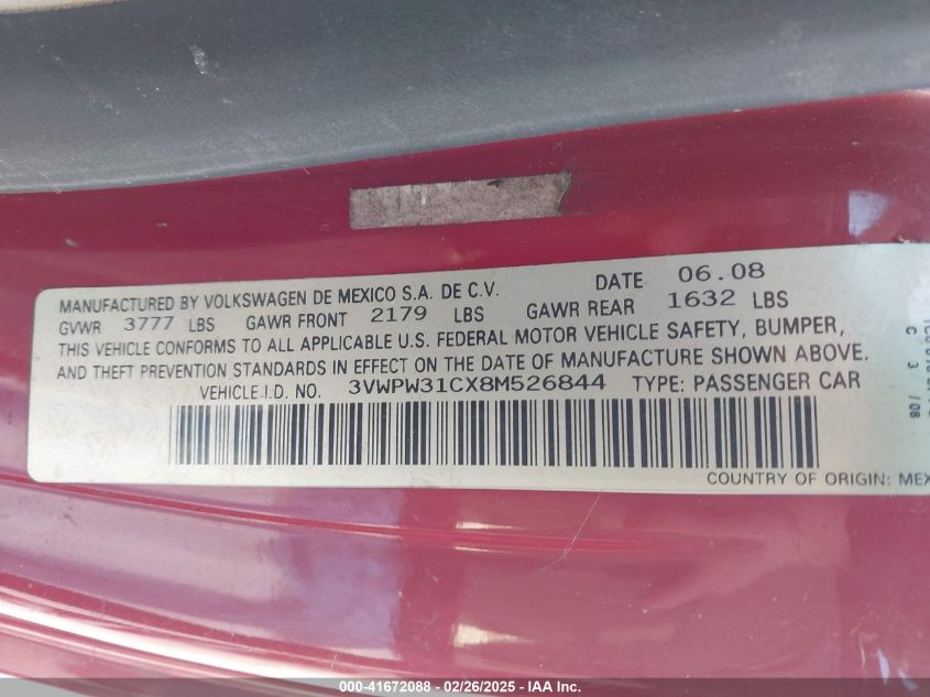 2008 Volkswagen New Beetle S VIN: 3VWPW31CX8M526844 Lot: 41672088