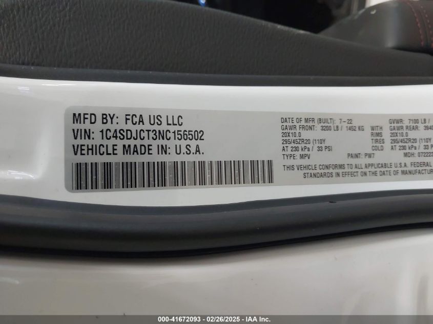 2022 Dodge Durango R/T Awd VIN: 1C4SDJCT3NC156502 Lot: 41672093