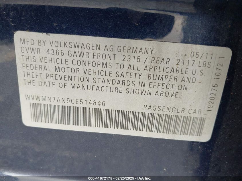 2012 Volkswagen Cc R-Line VIN: WVWMN7AN9CE514846 Lot: 41672175