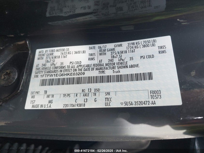 2017 FORD F150 VIN: 1FTFW1EG6HKE03209
