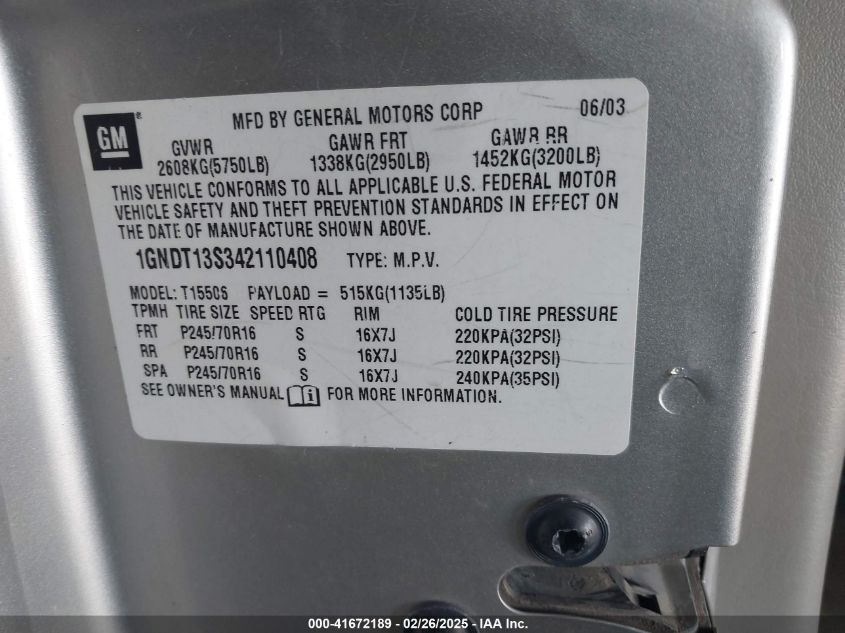 2004 Chevrolet Trailblazer Ls VIN: 1GNDT13S342110408 Lot: 41672189