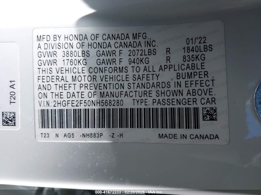 2022 HONDA CIVIC SPORT - 2HGFE2F50NH568280