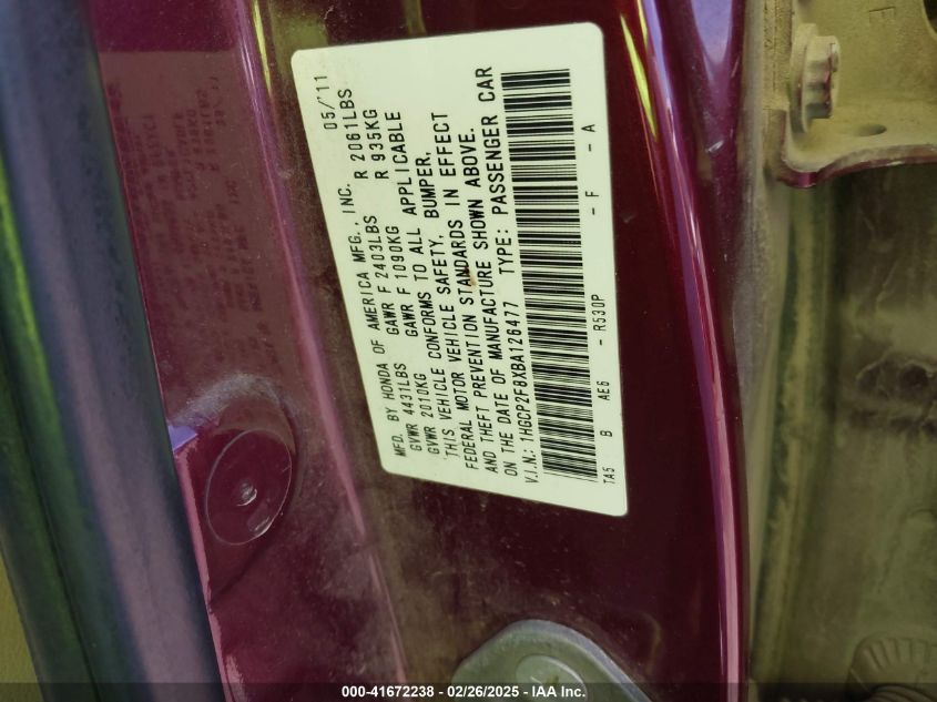 2011 Honda Accord 2.4 Ex-L VIN: 1HGCP2F8XBA126477 Lot: 41672238