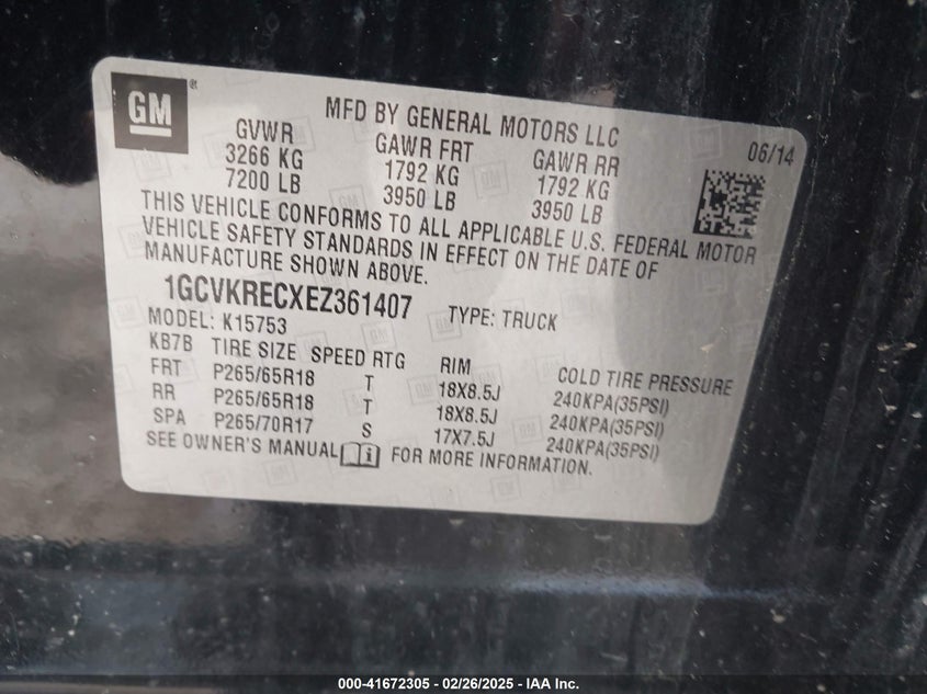 2014 CHEVROLET SILVERADO 1500 VIN: 1GCVKRECXEZ361407