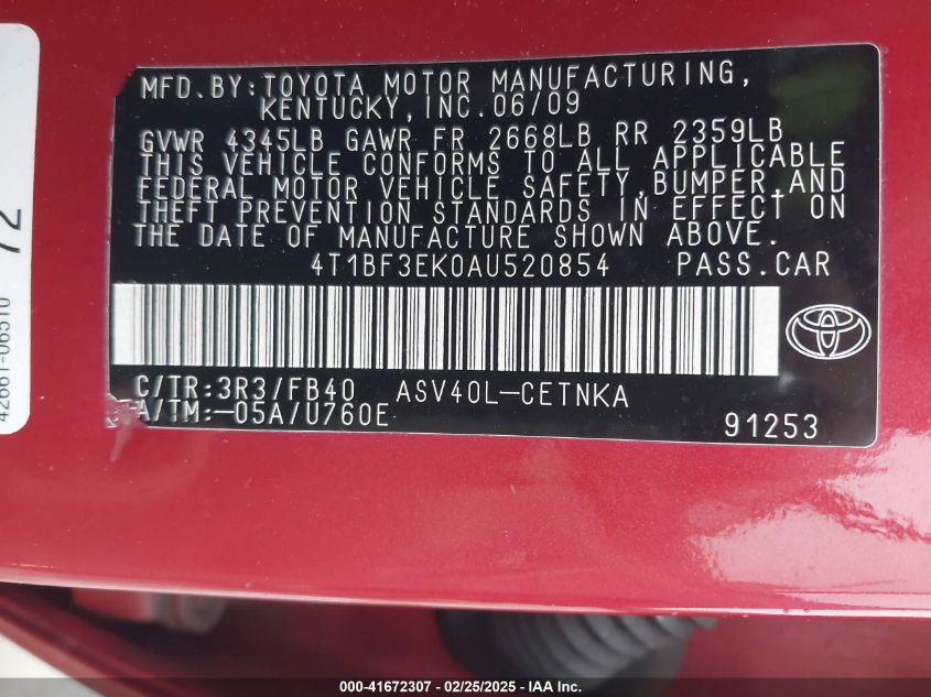 2010 Toyota Camry Le VIN: 4T1BF3EK0AU520854 Lot: 41672307