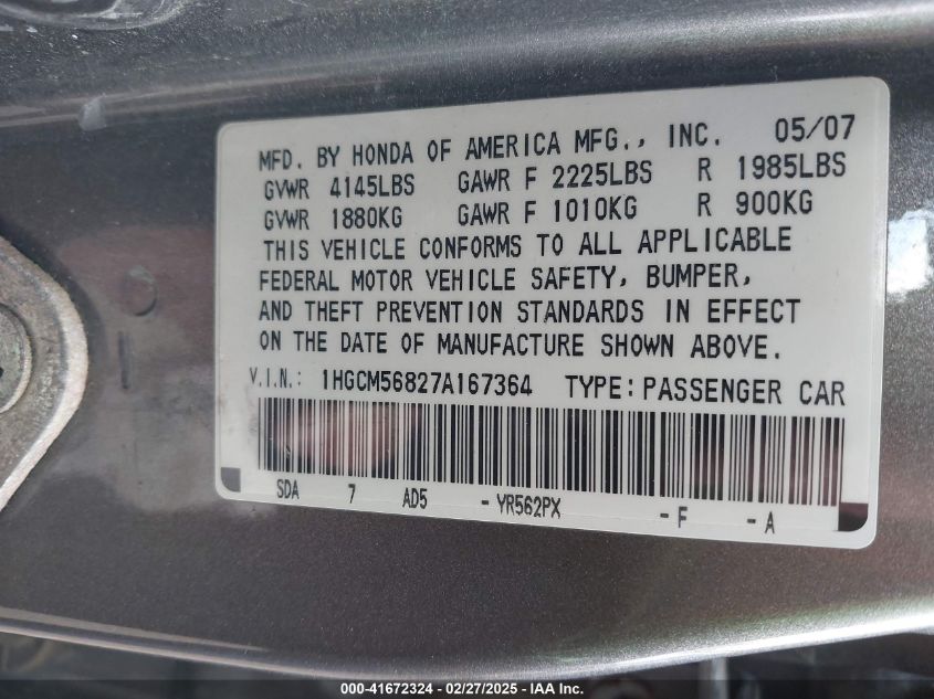 2007 Honda Accord 2.4 Ex VIN: 1HGCM56827A167364 Lot: 41672324