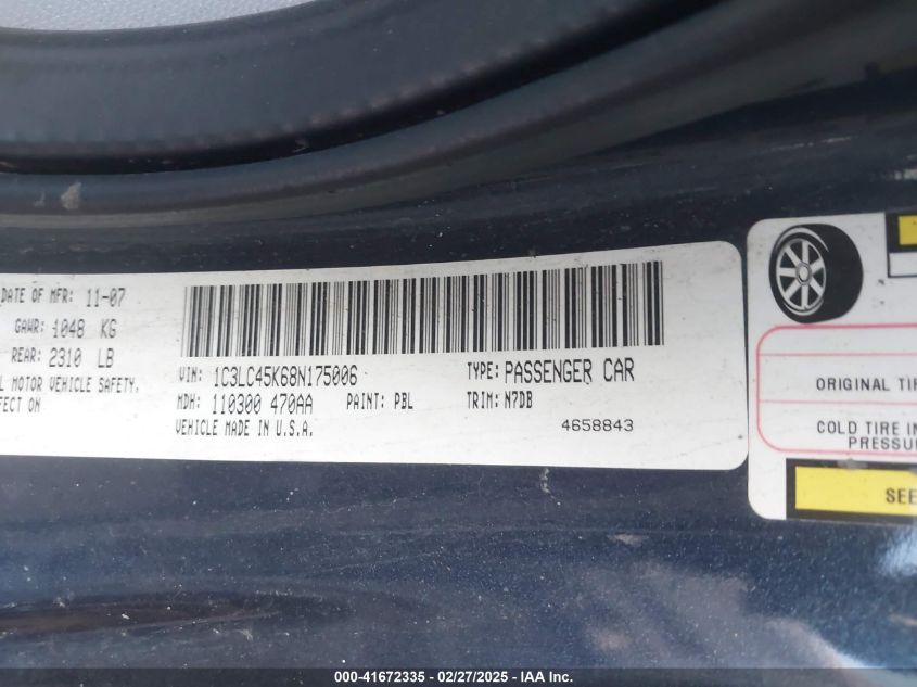 2008 Chrysler Sebring Lx VIN: 1C3LC45K68N175006 Lot: 41672335