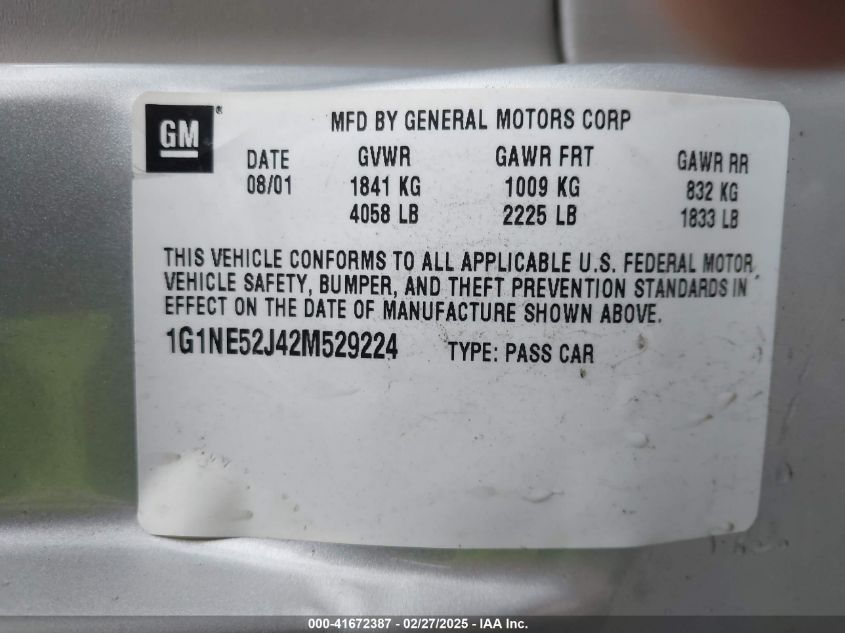2002 Chevrolet Malibu Ls VIN: 1G1NE52J42M529224 Lot: 41672387