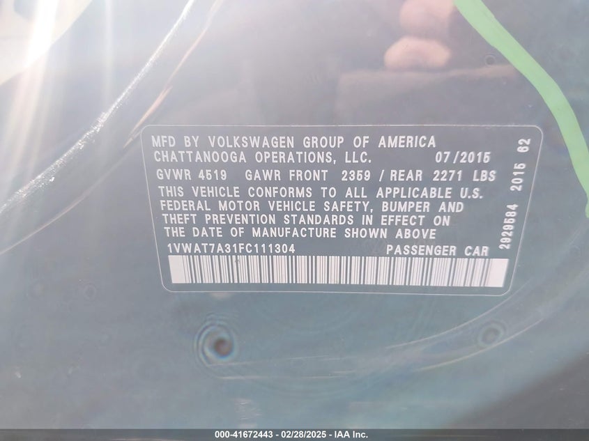 2015 VOLKSWAGEN PASSAT VIN: 1VWAT7A31FC111304