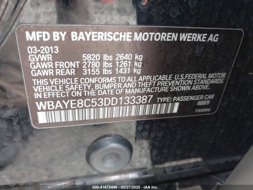 2013 BMW 750Li VIN: WBAYE8C53DD133387 Lot: 41672490