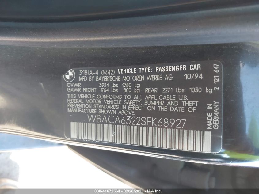 1995 BMW 318 I Automatic VIN: WBACA6322SFK68927 Lot: 41672564