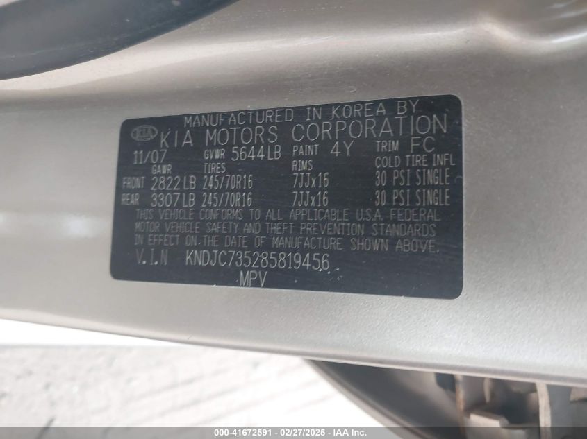 2008 Kia Sorento Lx VIN: KNDJC735285819456 Lot: 41672591