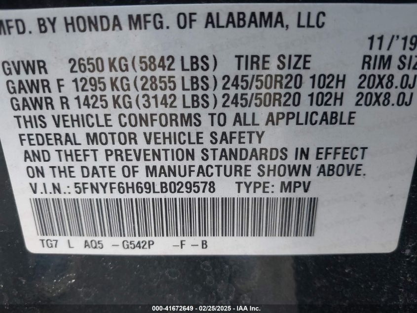 2020 Honda Pilot Awd Touring 7 Passenger VIN: 5FNYF6H69LB029578 Lot: 41672649