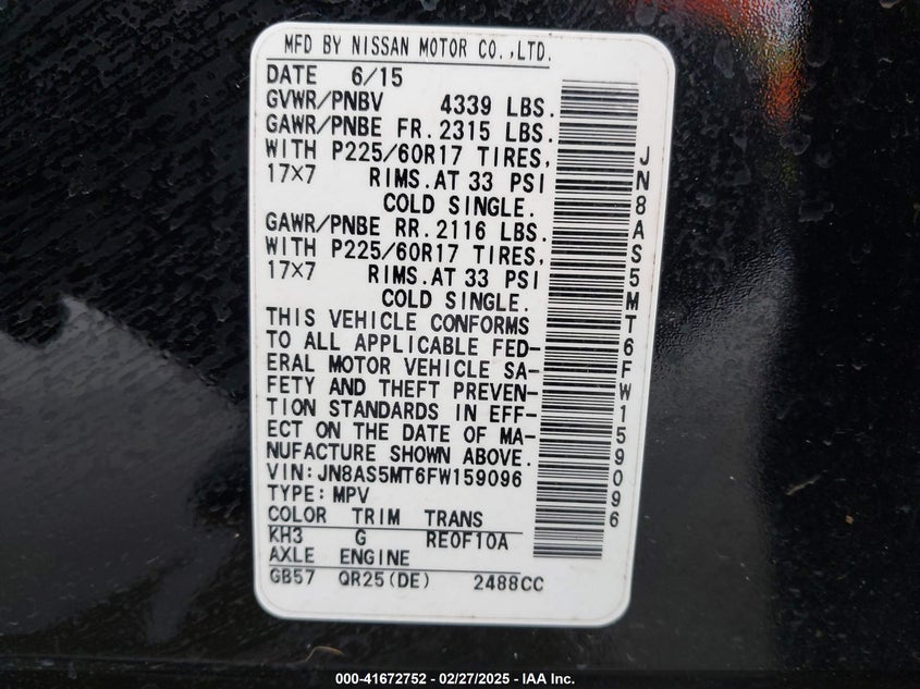 2015 NISSAN ROGUE SELECT VIN: JN8AS5MT6FW159096