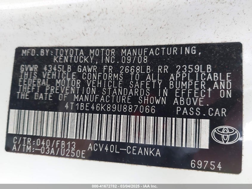 2009 TOYOTA CAMRY VIN: 4T1BE46K89U887066