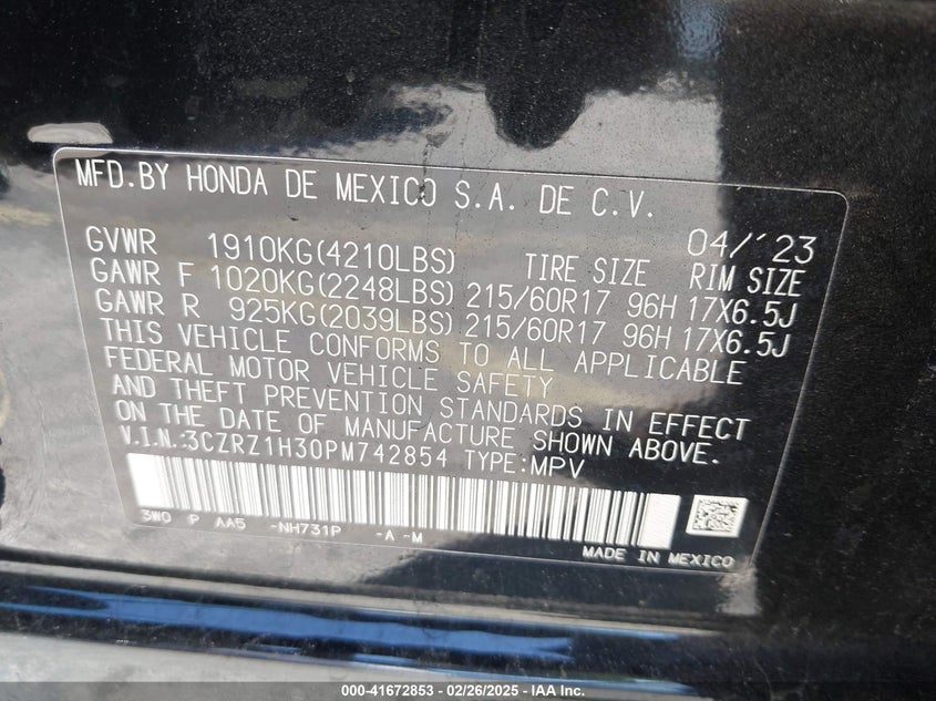 2023 Honda Hr-V VIN: CZRZ1H30PM742854 Lot: 41672853