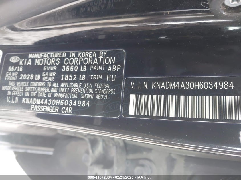 2017 KIA RIO VIN: KNADM4A30H6034984