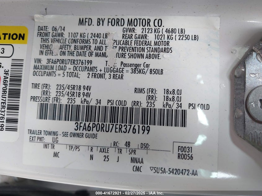 2014 FORD FUSION HYBRID VIN: 3FA6P0RU7ER376199