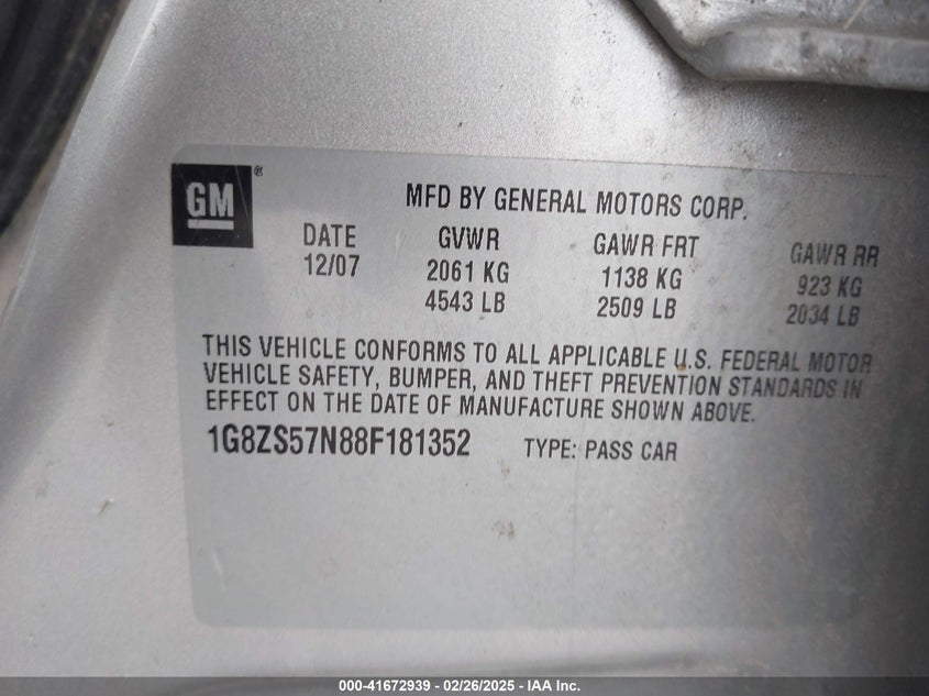 2008 SATURN AURA VIN: 1G8ZS57N88F181352