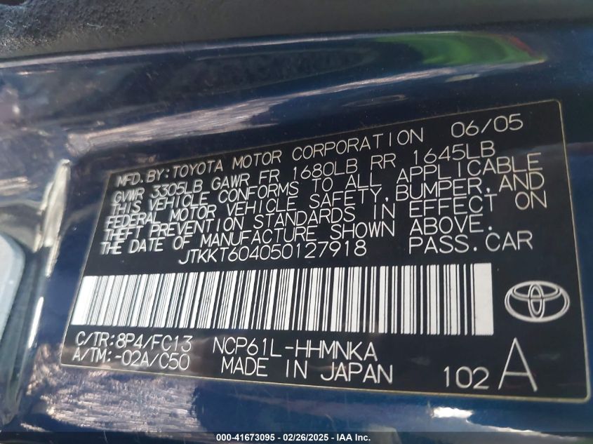 2005 Scion Xa VIN: JTKKT604050127918 Lot: 41673095