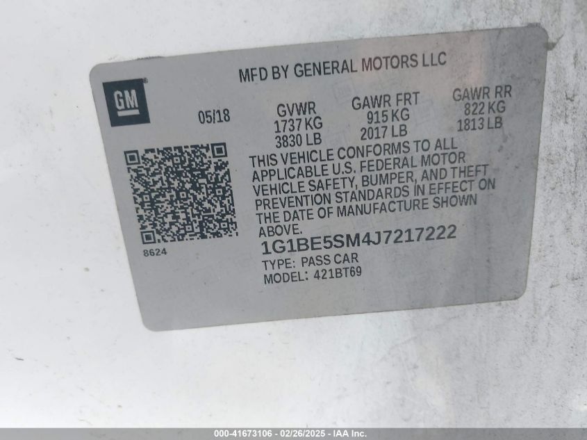 2018 Chevrolet Cruze Lt Auto VIN: 1G1BE5SM4J7217222 Lot: 41673106