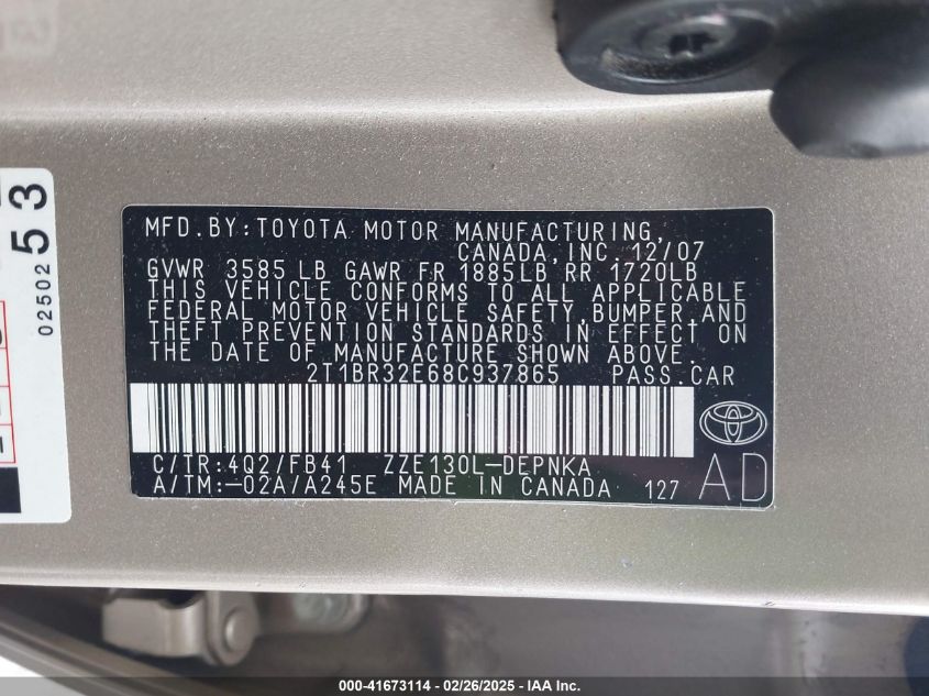 2008 Toyota Corolla VIN: 2T1BR32E6AC937865 Lot: 41673114