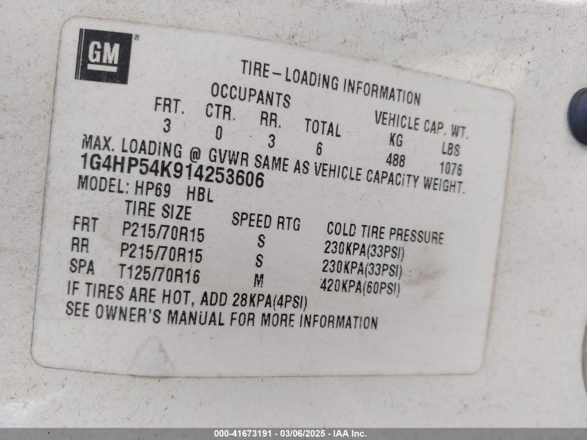 2001 Buick Lesabre Custom VIN: 1G4HP54K914253606 Lot: 41673191