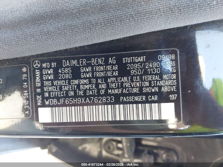 1999 Mercedes-Benz E 320 VIN: WDBJF65H9XA762833 Lot: 41673244