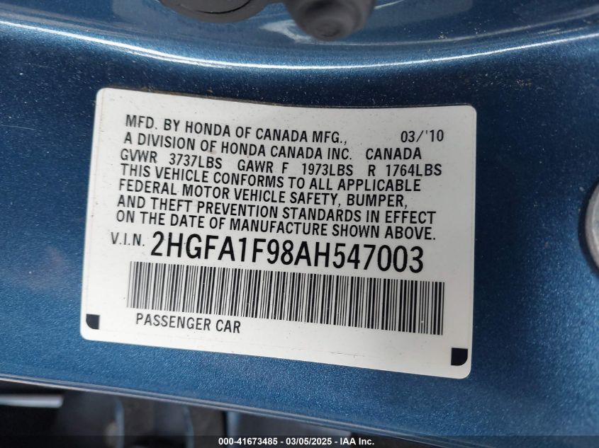 2010 Honda Civic Ex-L VIN: 2HGFA1F98AH547003 Lot: 41673485