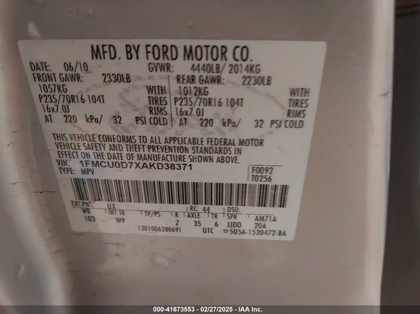 2010 FORD ESCAPE VIN: 1FMCU0D7XAKD38371