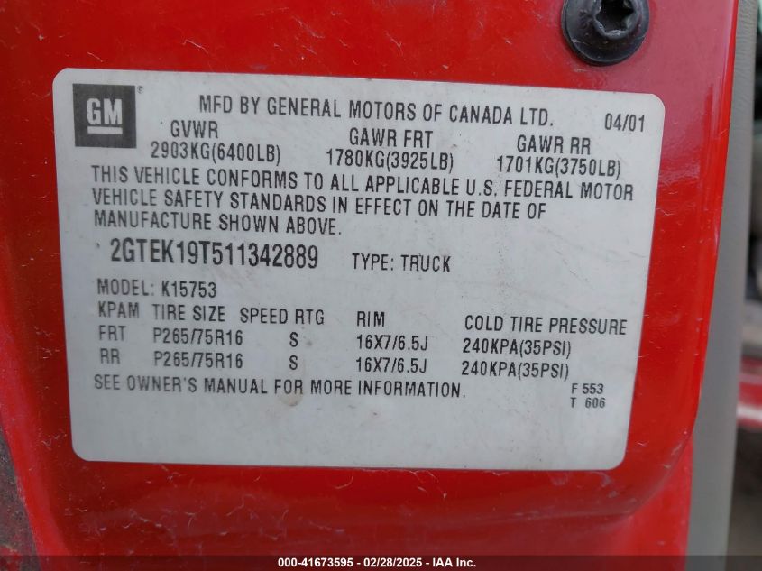 2001 GMC Sierra 1500 Sle VIN: 2GTEK19T511342889 Lot: 41673595