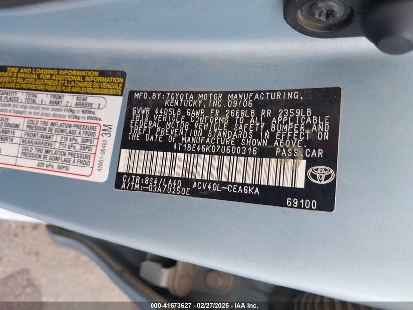 2007 TOYOTA CAMRY VIN: 4T1BE46K07U600316